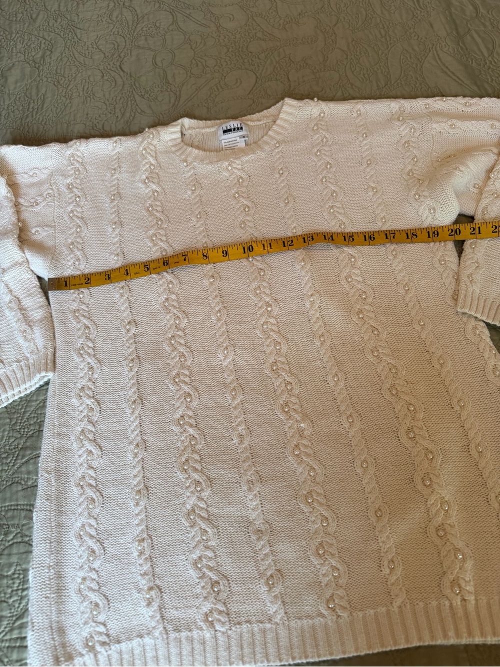 VTG 90s Leslie Fay Pearl Cable Knit Ramie Cotton Oversized Sweater Cottagecore S - Picture 11 of 15